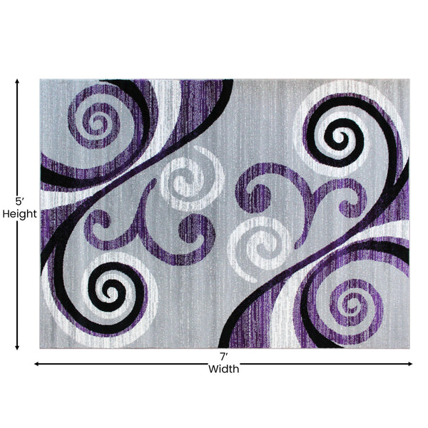 Purple,5' x 7' |#| Modern Distressed Swirl Abstract Style Indoor Area Rug in Purple - 5' x 7'