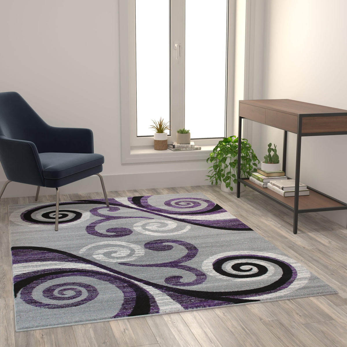 Purple,5' x 7' |#| Modern Distressed Swirl Abstract Style Indoor Area Rug in Purple - 5' x 7'