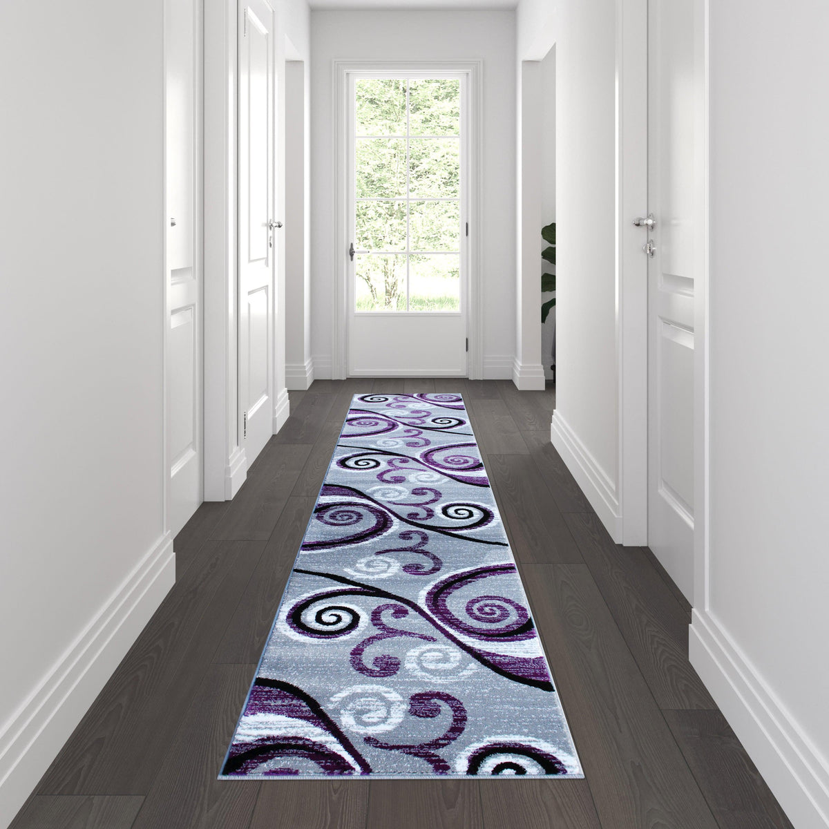 Purple,2' x 11' |#| Modern Distressed Swirl Abstract Style Indoor Area Rug in Purple - 2' x 11'