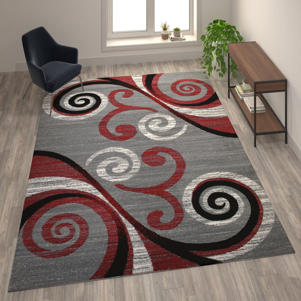 Red,8' x 10' |#| Modern Distressed Swirl Abstract Style Indoor Area Rug in Red - 8' x 10'