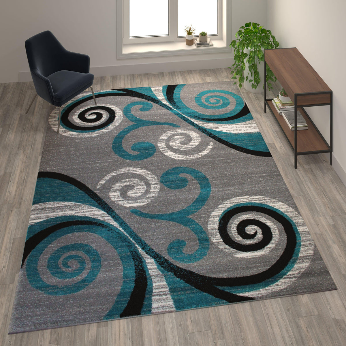 Turquoise,8' x 10' |#| Modern Distressed Swirl Abstract Style Indoor Area Rug in Turquoise - 8' x 10'