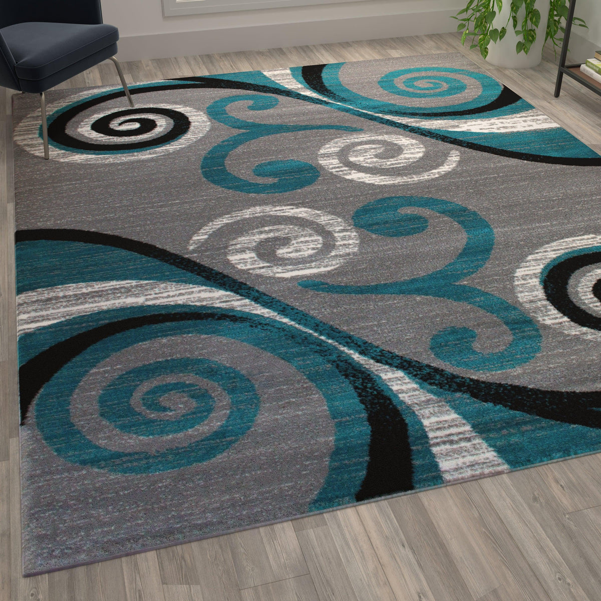 Turquoise,8' x 10' |#| Modern Distressed Swirl Abstract Style Indoor Area Rug in Turquoise - 8' x 10'