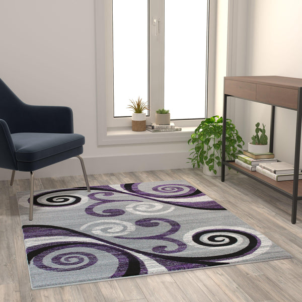 Purple,4' x 5' |#| Modern Distressed Swirl Abstract Style Indoor Area Rug in Purple - 4' x 5'