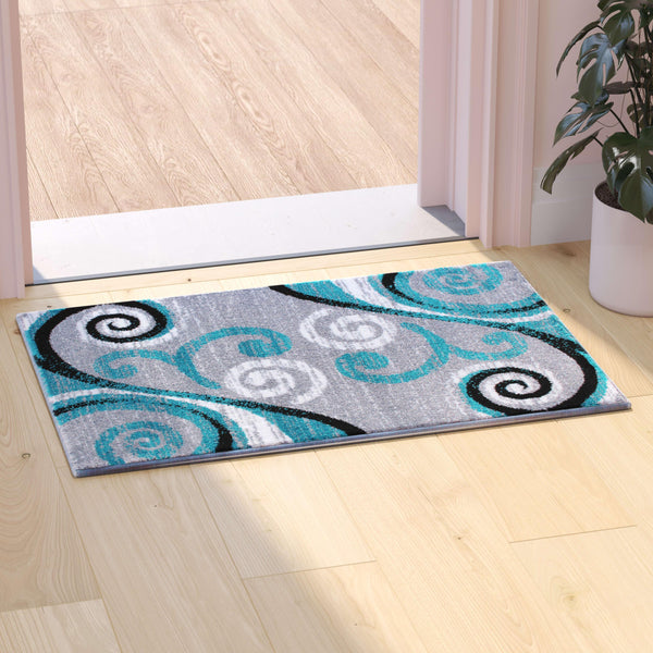 Turquoise,2' x 3' |#| Modern Distressed Swirl Abstract Style Indoor Area Rug in Turquoise - 2' x 3'