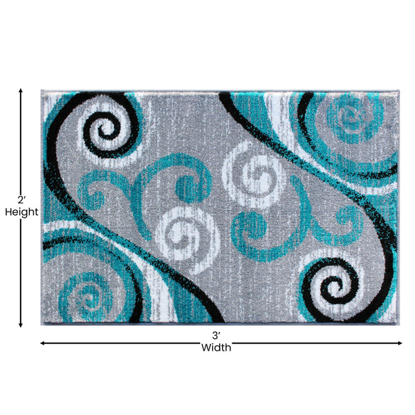 Turquoise,2' x 3' |#| Modern Distressed Swirl Abstract Style Indoor Area Rug in Turquoise - 2' x 3'