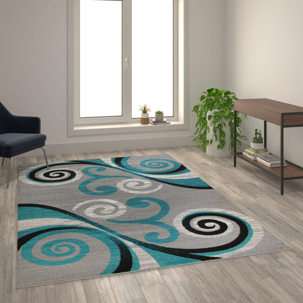 Turquoise,6' x 9' |#| Modern Distressed Swirl Abstract Style Indoor Area Rug in Turquoise - 6' x 9'