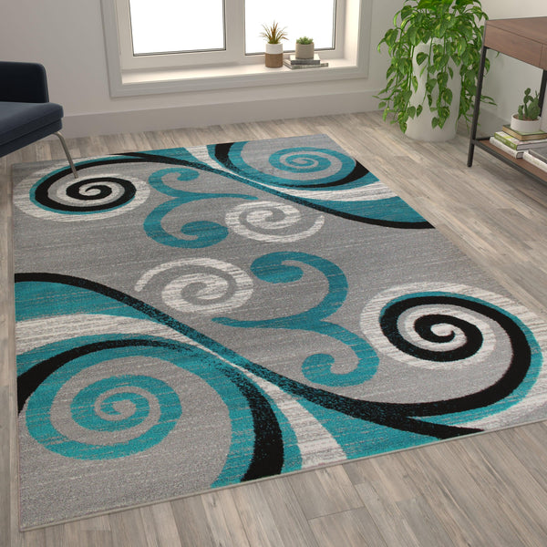 Turquoise,6' x 9' |#| Modern Distressed Swirl Abstract Style Indoor Area Rug in Turquoise - 6' x 9'