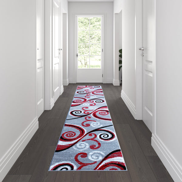 Red,2' x 11' |#| Modern Distressed Swirl Abstract Style Indoor Area Rug in Red - 2' x 11'