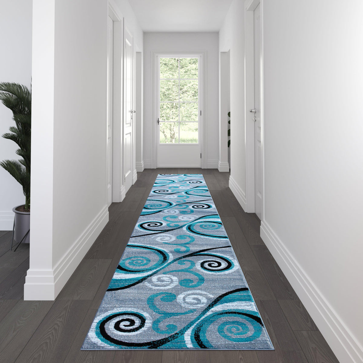 Turquoise,3' x 16' |#| Modern Distressed Swirl Abstract Style Indoor Area Rug in Turquoise - 3' x 16'