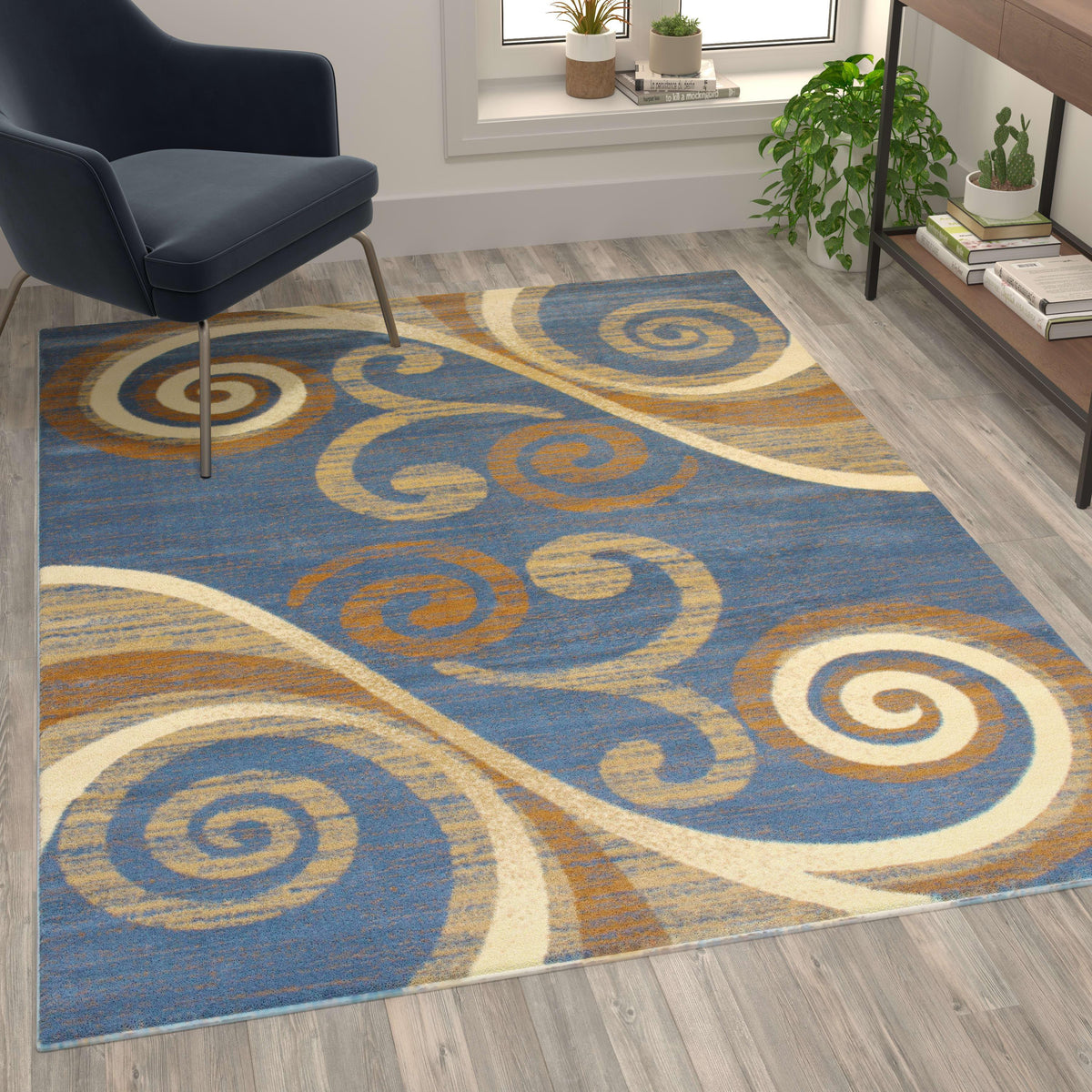 Blue,5' x 7' |#| Modern Distressed Swirl Abstract Style Indoor Area Rug in Blue - 5' x 7'