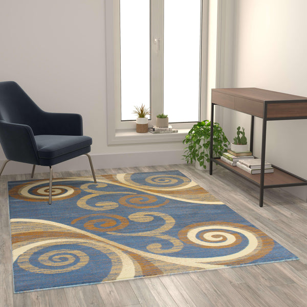 Blue,5' x 7' |#| Modern Distressed Swirl Abstract Style Indoor Area Rug in Blue - 5' x 7'