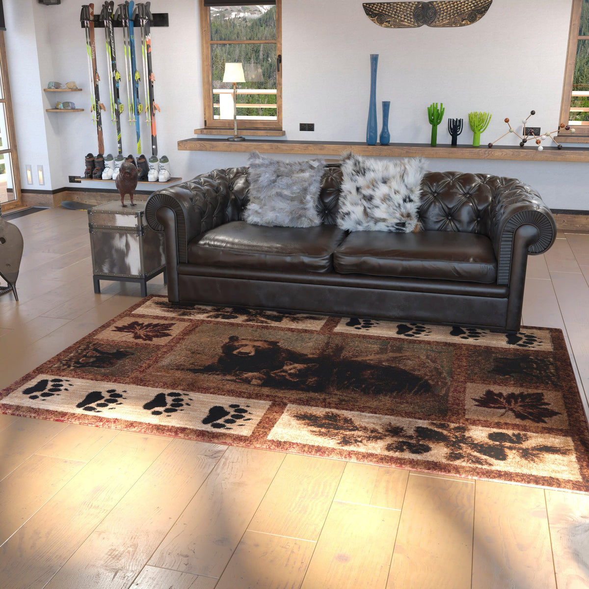 6' x 9' |#| Nature Inspired Mother Bear with 2 Cubs Brown Indoor Olefin Area Rug - 6' x 9'