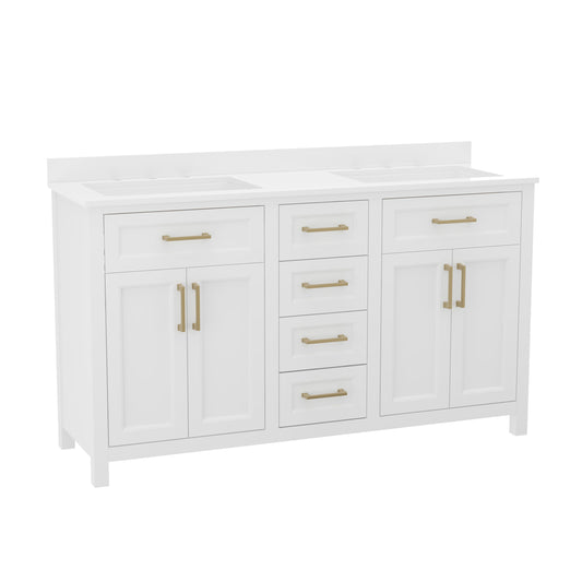 Vega Bathroom Double Vanity with 2 Sinks, 2 Storage Cabinets with Soft Close Doors, and 6 Drawers, Carrara Marble Finish Countertop
