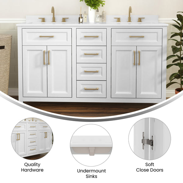 White |#| 60 Inch Bathroom Vanity with 2 Sinks, 2 Storage Cabinets, and 6 Drawers in White