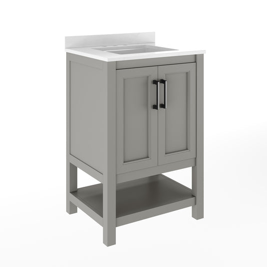 Gray Frame/Black Hardware,24" |#| 24" Bathroom Vanity with Sink, Open Storage & Black Hardware in Gray