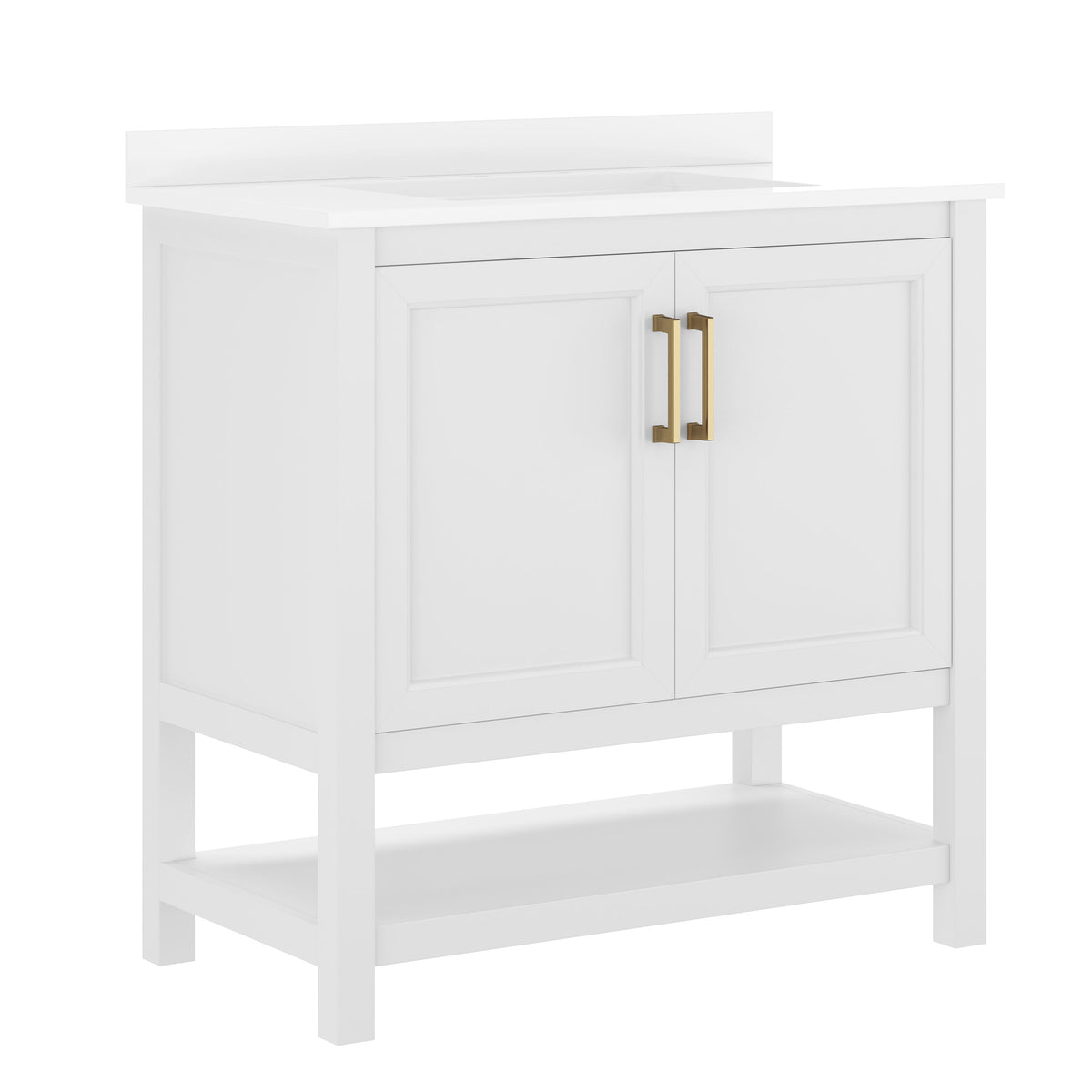 White Frame/Gold Hardware,36" |#| 36" Bathroom Vanity with Sink, Open Storage & Gold Hardware in White