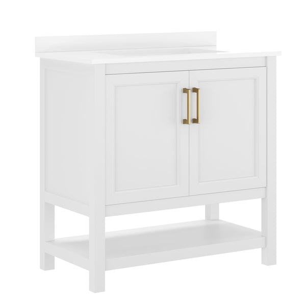 White Frame/Gold Hardware,36" |#| 36" Bathroom Vanity with Sink, Open Storage & Gold Hardware in White