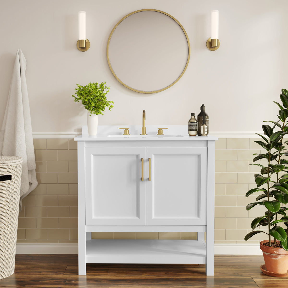 White Frame/Gold Hardware,36" |#| 36" Bathroom Vanity with Sink, Open Storage & Gold Hardware in White