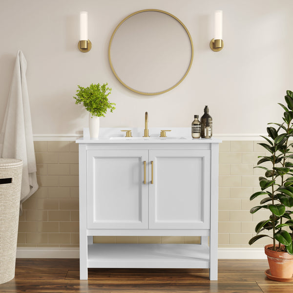 White Frame/Gold Hardware,36" |#| 36" Bathroom Vanity with Sink, Open Storage & Gold Hardware in White