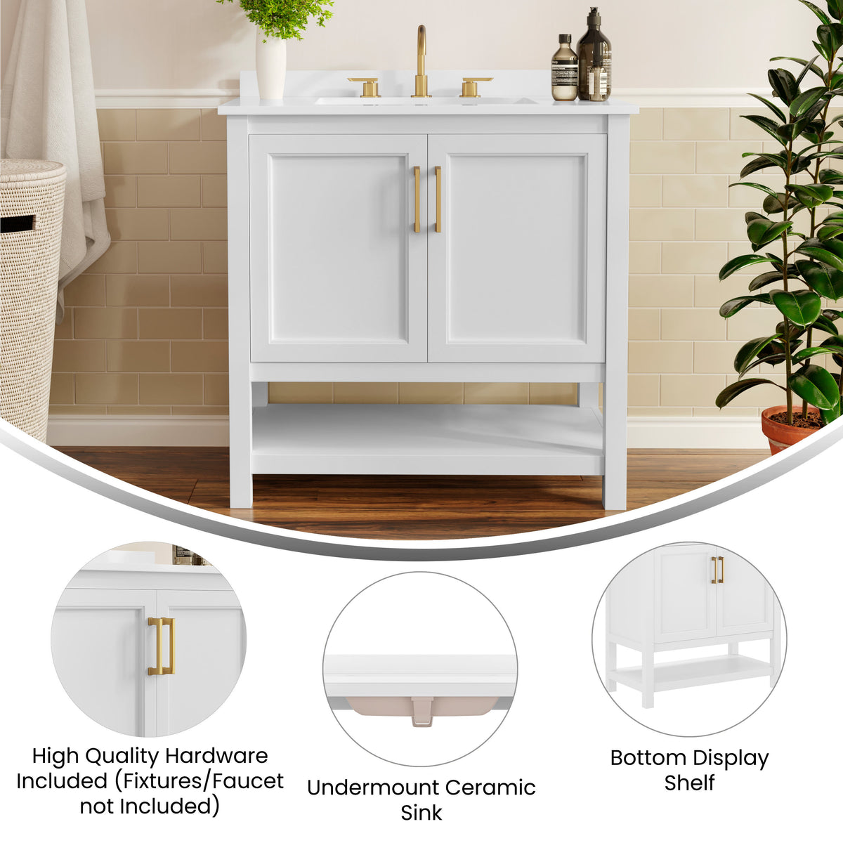White Frame/Gold Hardware,36" |#| 36" Bathroom Vanity with Sink, Open Storage & Gold Hardware in White