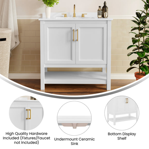 White Frame/Gold Hardware,36" |#| 36" Bathroom Vanity with Sink, Open Storage & Gold Hardware in White