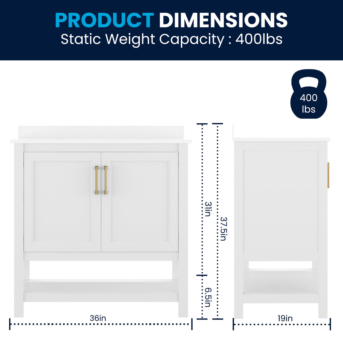 White Frame/Gold Hardware,36" |#| 36" Bathroom Vanity with Sink, Open Storage & Gold Hardware in White