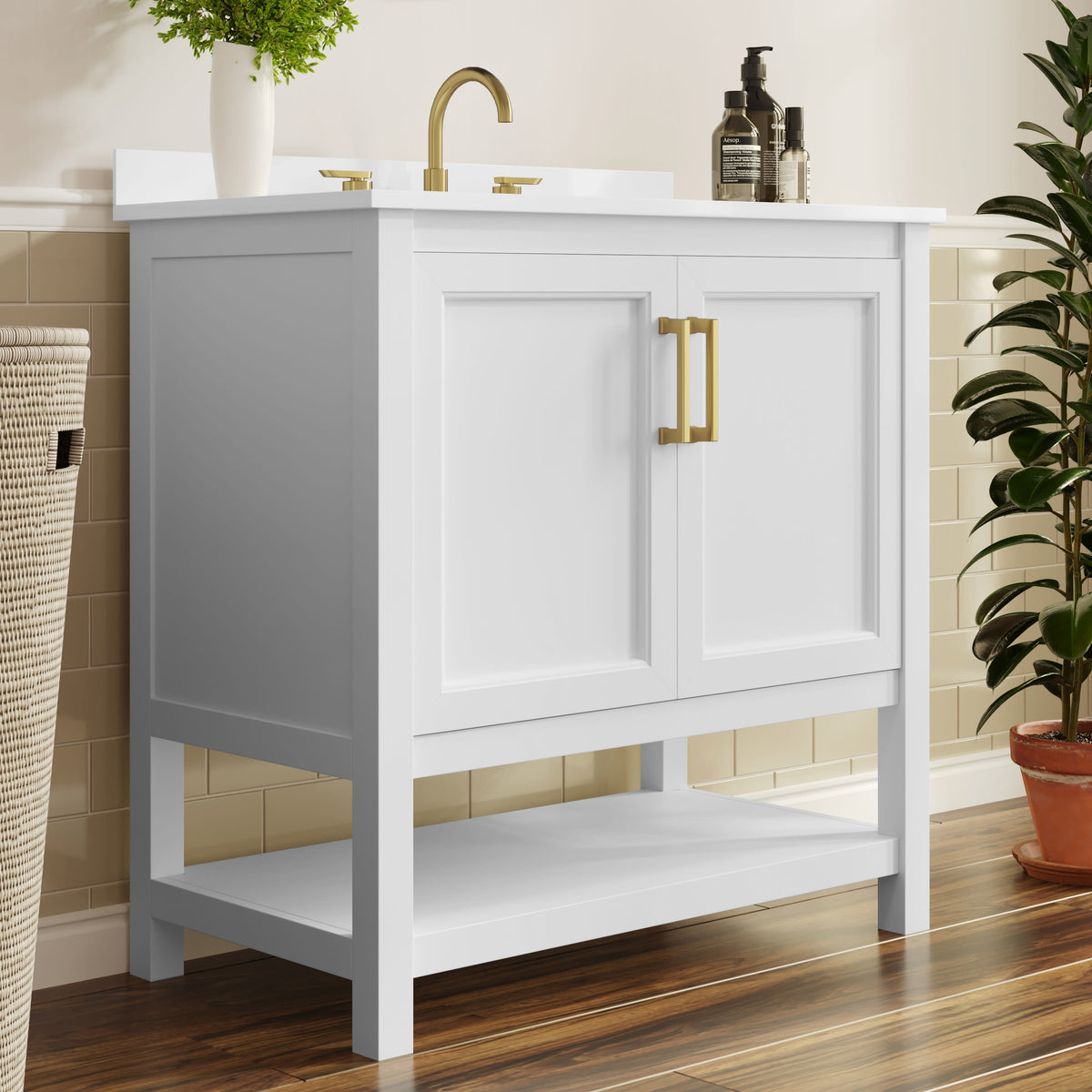 White Frame/Gold Hardware,36" |#| 36" Bathroom Vanity with Sink, Open Storage & Gold Hardware in White