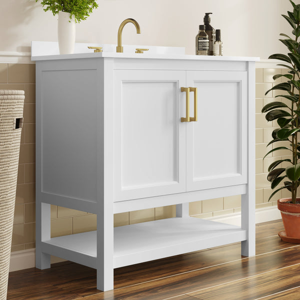 White Frame/Gold Hardware,36" |#| 36" Bathroom Vanity with Sink, Open Storage & Gold Hardware in White