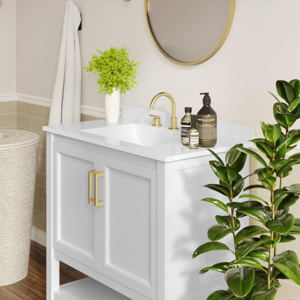 White Frame/Gold Hardware,36" |#| 36" Bathroom Vanity with Sink, Open Storage & Gold Hardware in White