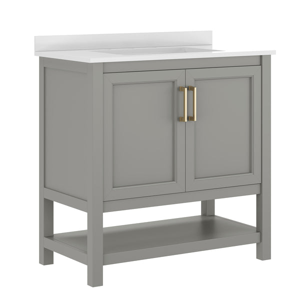 Gray Frame/Gold Hardware,36" |#| 36" Bathroom Vanity with Sink, Open Storage & Gold Hardware in Gray