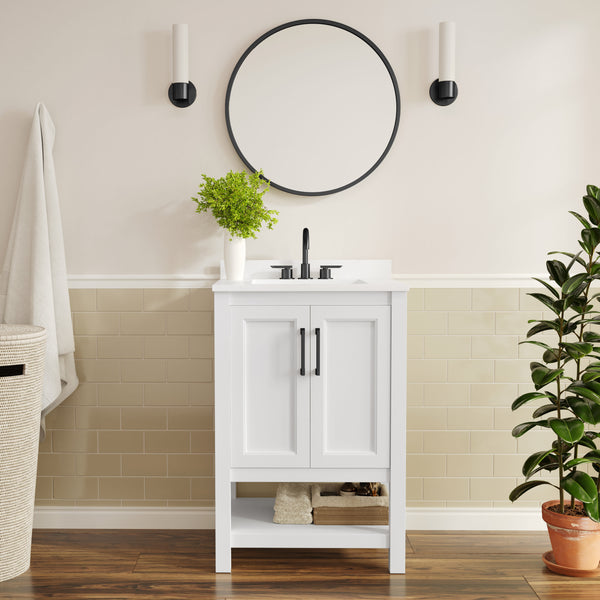 White Frame/Black Hardware,24" |#| 24" Bathroom Vanity with Sink, Open Storage & Black Hardware in White