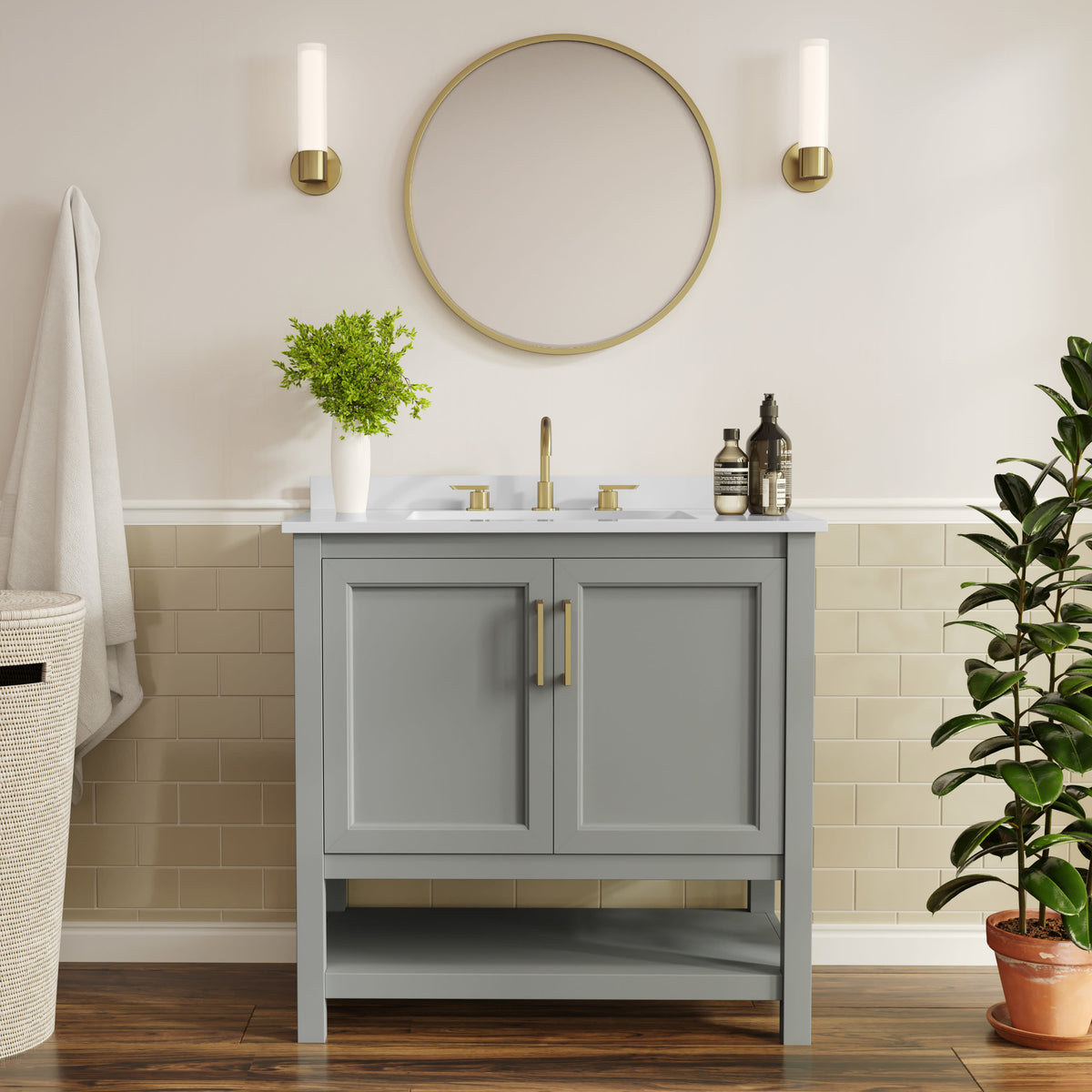 Gray Frame/Gold Hardware,36" |#| 36" Bathroom Vanity with Sink, Open Storage & Gold Hardware in Gray