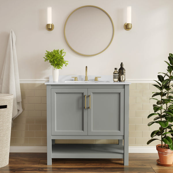 Gray Frame/Gold Hardware,36" |#| 36" Bathroom Vanity with Sink, Open Storage & Gold Hardware in Gray