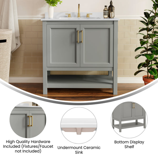 Gray Frame/Gold Hardware,36" |#| 36" Bathroom Vanity with Sink, Open Storage & Gold Hardware in Gray
