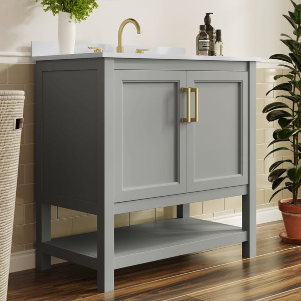 Gray Frame/Gold Hardware,36" |#| 36" Bathroom Vanity with Sink, Open Storage & Gold Hardware in Gray
