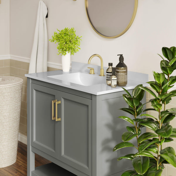 Gray Frame/Gold Hardware,36" |#| 36" Bathroom Vanity with Sink, Open Storage & Gold Hardware in Gray