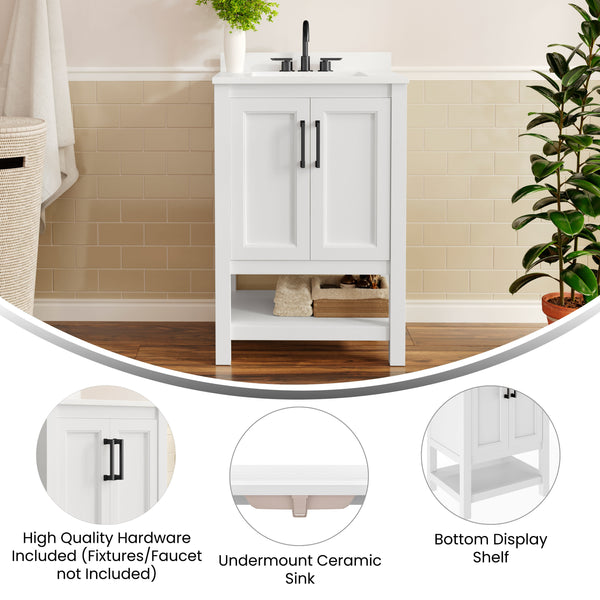 White Frame/Black Hardware,24" |#| 24" Bathroom Vanity with Sink, Open Storage & Black Hardware in White