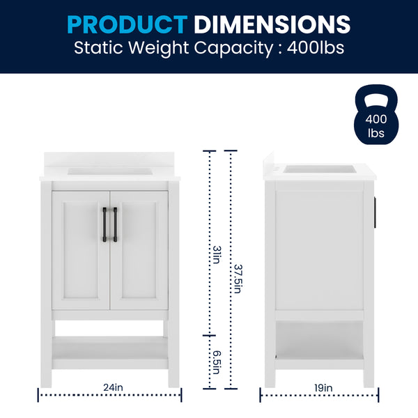 White Frame/Black Hardware,24" |#| 24" Bathroom Vanity with Sink, Open Storage & Black Hardware in White
