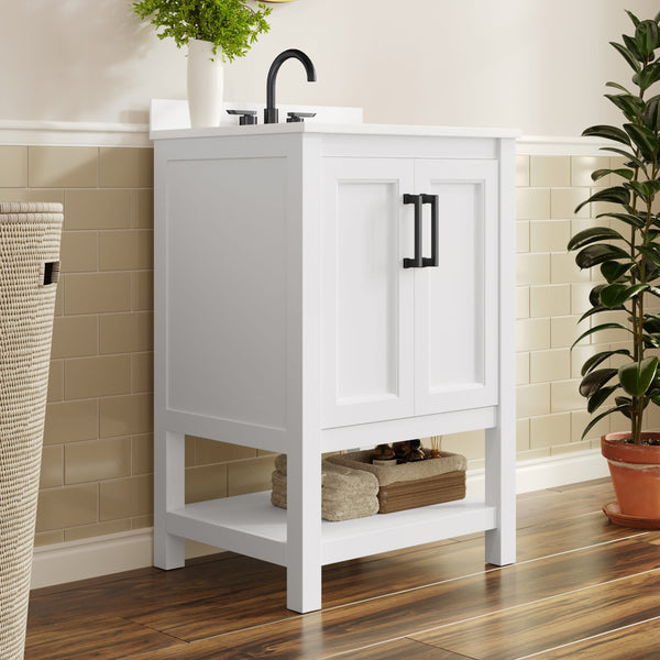 White Frame/Black Hardware,24" |#| 24" Bathroom Vanity with Sink, Open Storage & Black Hardware in White