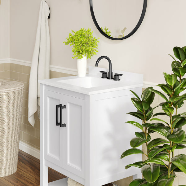 White Frame/Black Hardware,24" |#| 24" Bathroom Vanity with Sink, Open Storage & Black Hardware in White