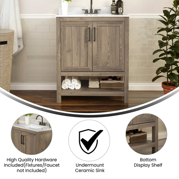 Brown,30" |#| 30 Inch Bathroom Vanity with Undermount Sink and Open Storage Shelf in Brown