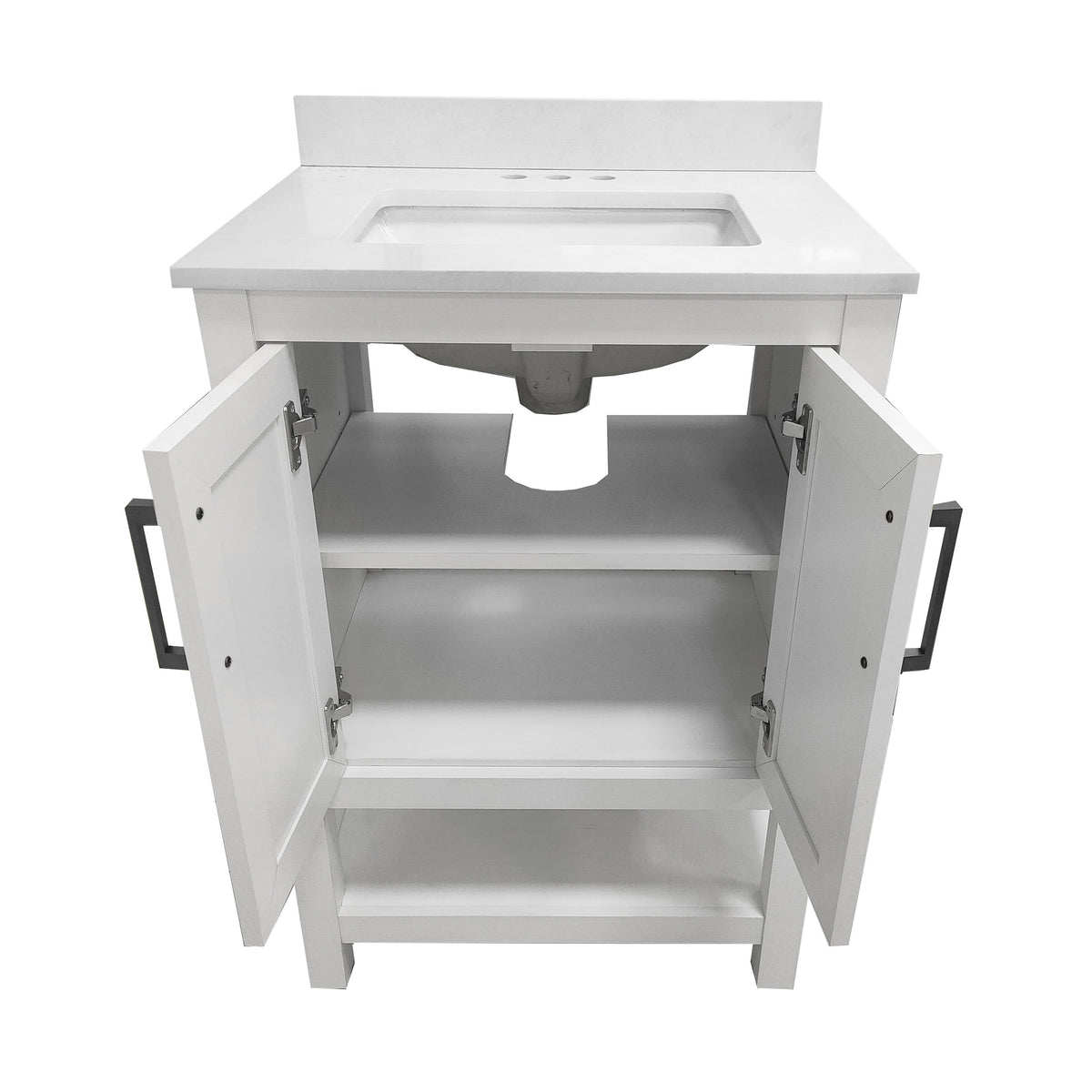 White Frame/Black Hardware,24" |#| 24" Bathroom Vanity with Sink, Open Storage & Black Hardware in White