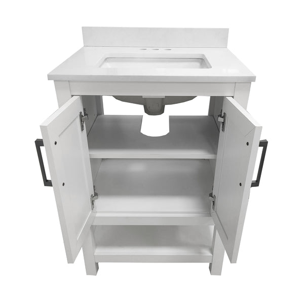 White Frame/Black Hardware,24" |#| 24" Bathroom Vanity with Sink, Open Storage & Black Hardware in White