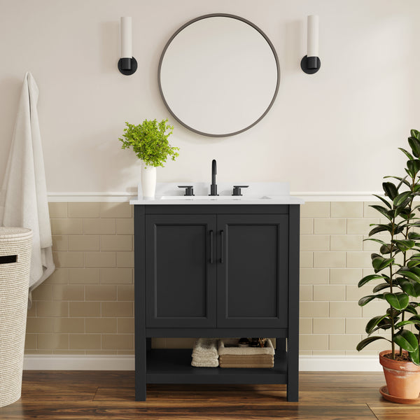 Black Frame/Black Hardware,30" |#| 30" Bathroom Vanity with Sink, Open Storage & Black Hardware in Black