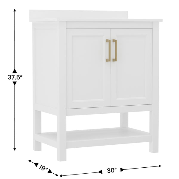 White Frame/Gold Hardware,30" |#| 30 Inch Bathroom Vanity with Undermount Sink and Open Storage Shelf in Wht/Gold