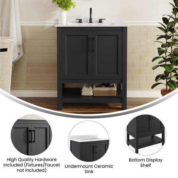 Black Frame/Black Hardware,30" |#| 30" Bathroom Vanity with Sink, Open Storage & Black Hardware in Black