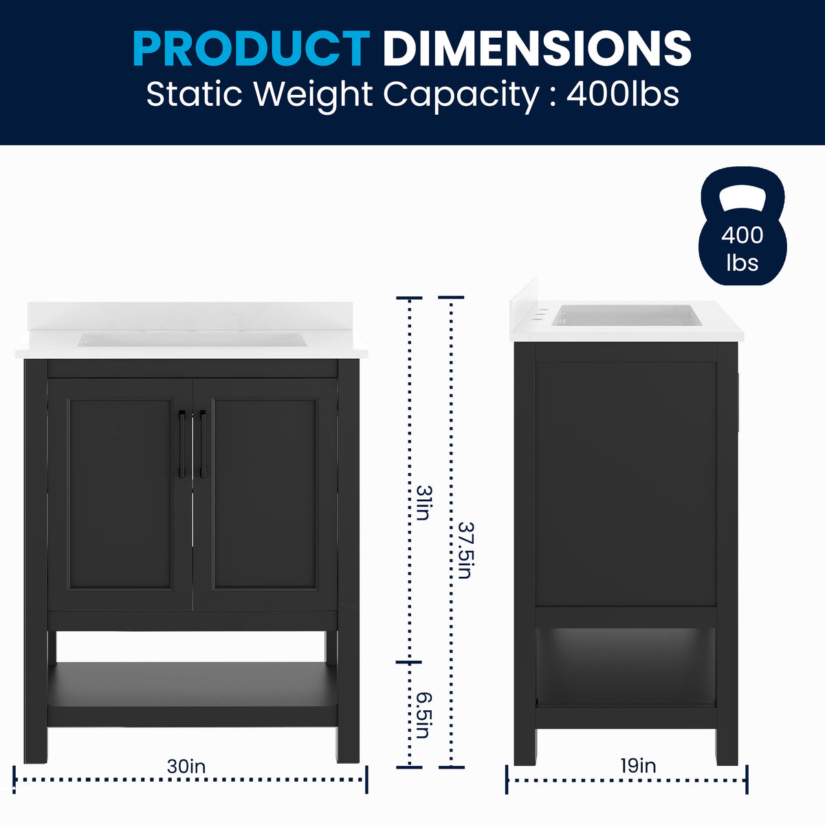 Black Frame/Black Hardware,30" |#| 30" Bathroom Vanity with Sink, Open Storage & Black Hardware in Black