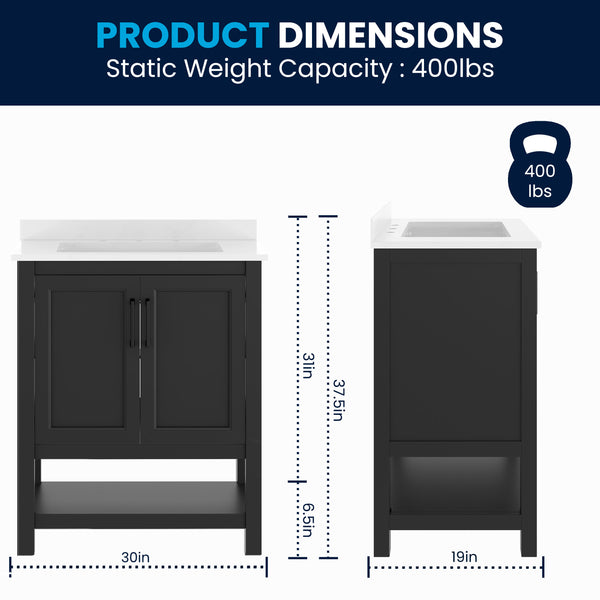 Black Frame/Black Hardware,30" |#| 30" Bathroom Vanity with Sink, Open Storage & Black Hardware in Black