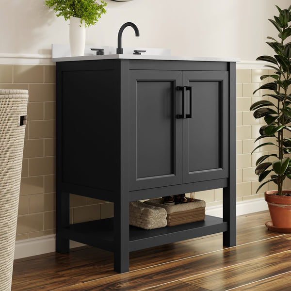 Black Frame/Black Hardware,30" |#| 30" Bathroom Vanity with Sink, Open Storage & Black Hardware in Black