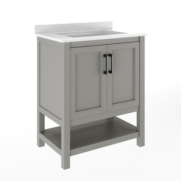 Gray Frame/Black Hardware,30" |#| 30" Bathroom Vanity with Sink, Open Storage & Black Hardware in Gray